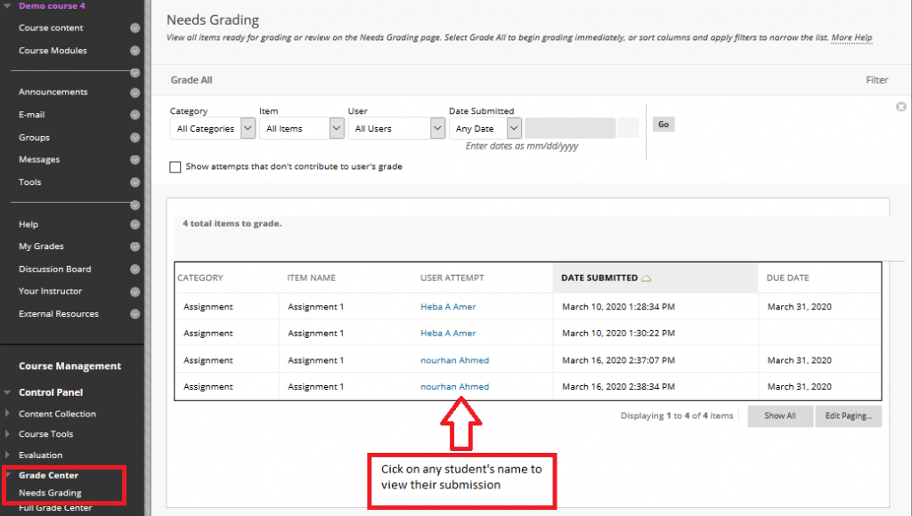 how to grade submitted assignments on blackboard