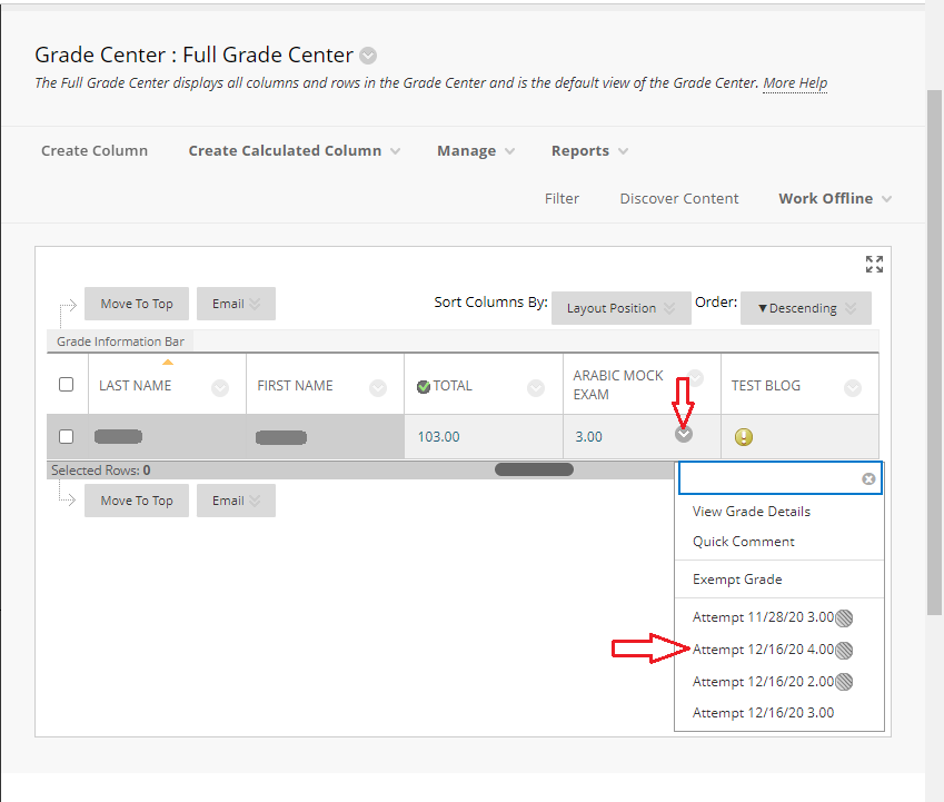 Full grade center page to locate the student record and test attempt.