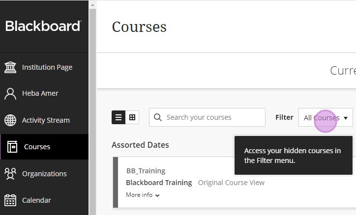 Access your hidden courses in the filter menu