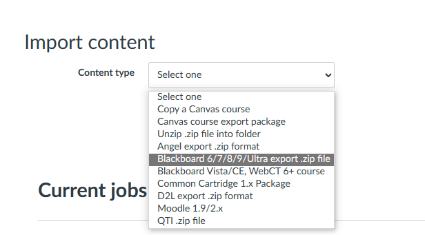 Choose Blackboard 6/7/8/9/Ultra export .zip file content type