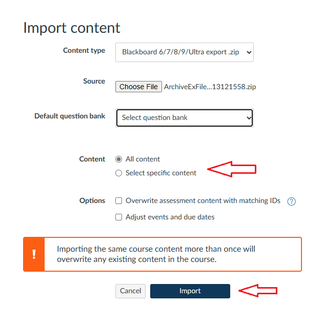 Choose content then click import