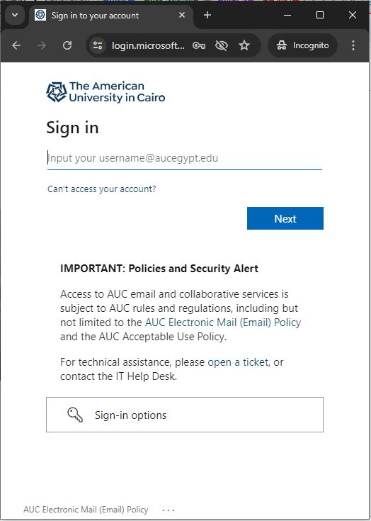 Enter your AUC email credentials for Single Sign On