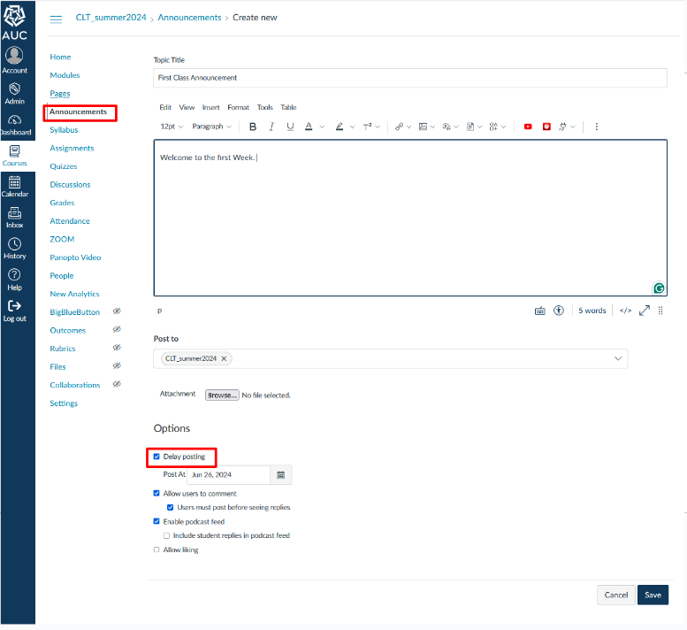 Announcement settings in canvas course