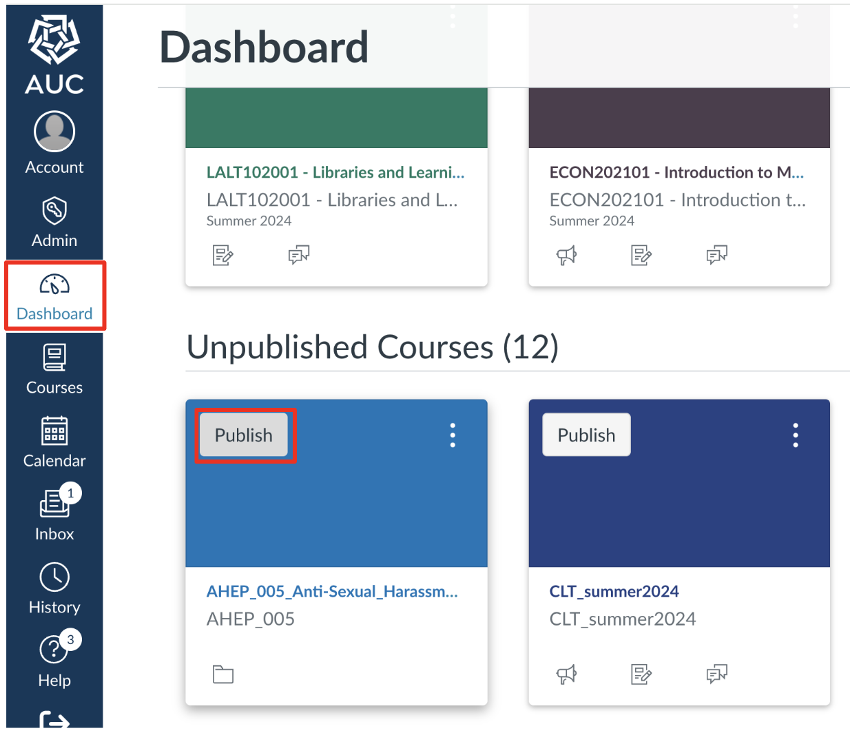 Navigate to the dashboard page and click on the publish button for unpublished courses